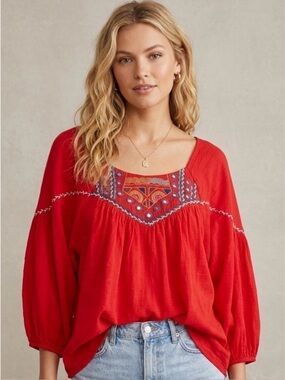 Free People Morning Light Embroidered Blouse in Cayenne Size Small (Oversized)